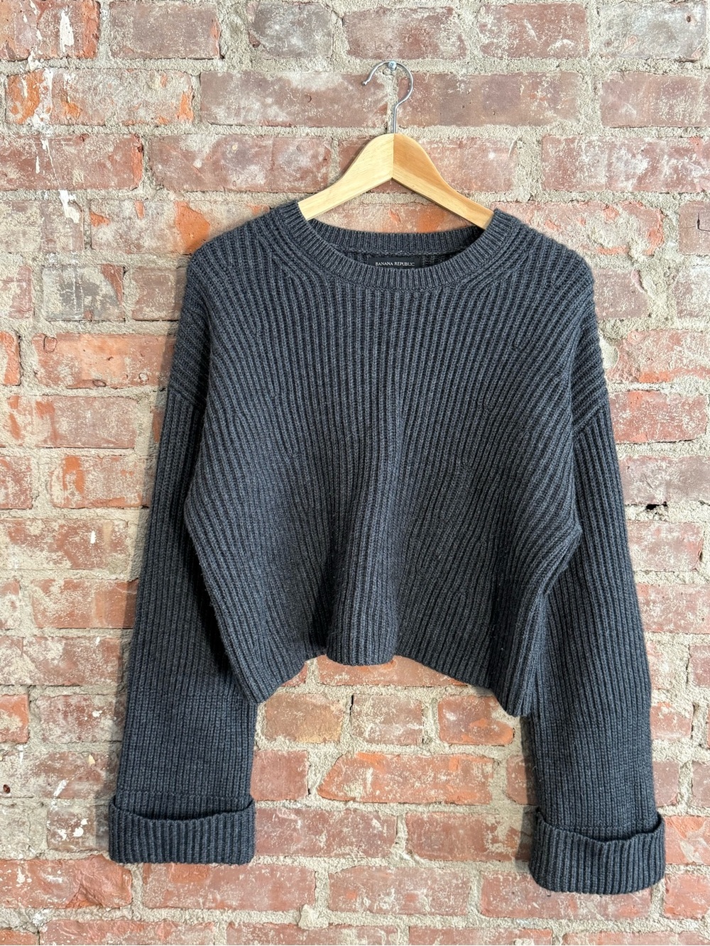 Charcoal Ribbed Wool Cropped Crewneck Sweater